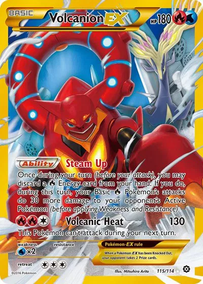 Die englische Pokémon-Steam-Siege-Volcanion-EX-115-114 Karte.