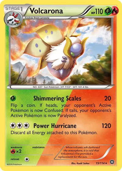 Die englische Pokemon-Steam-Siege-Volcarona-15-114 Karte.
