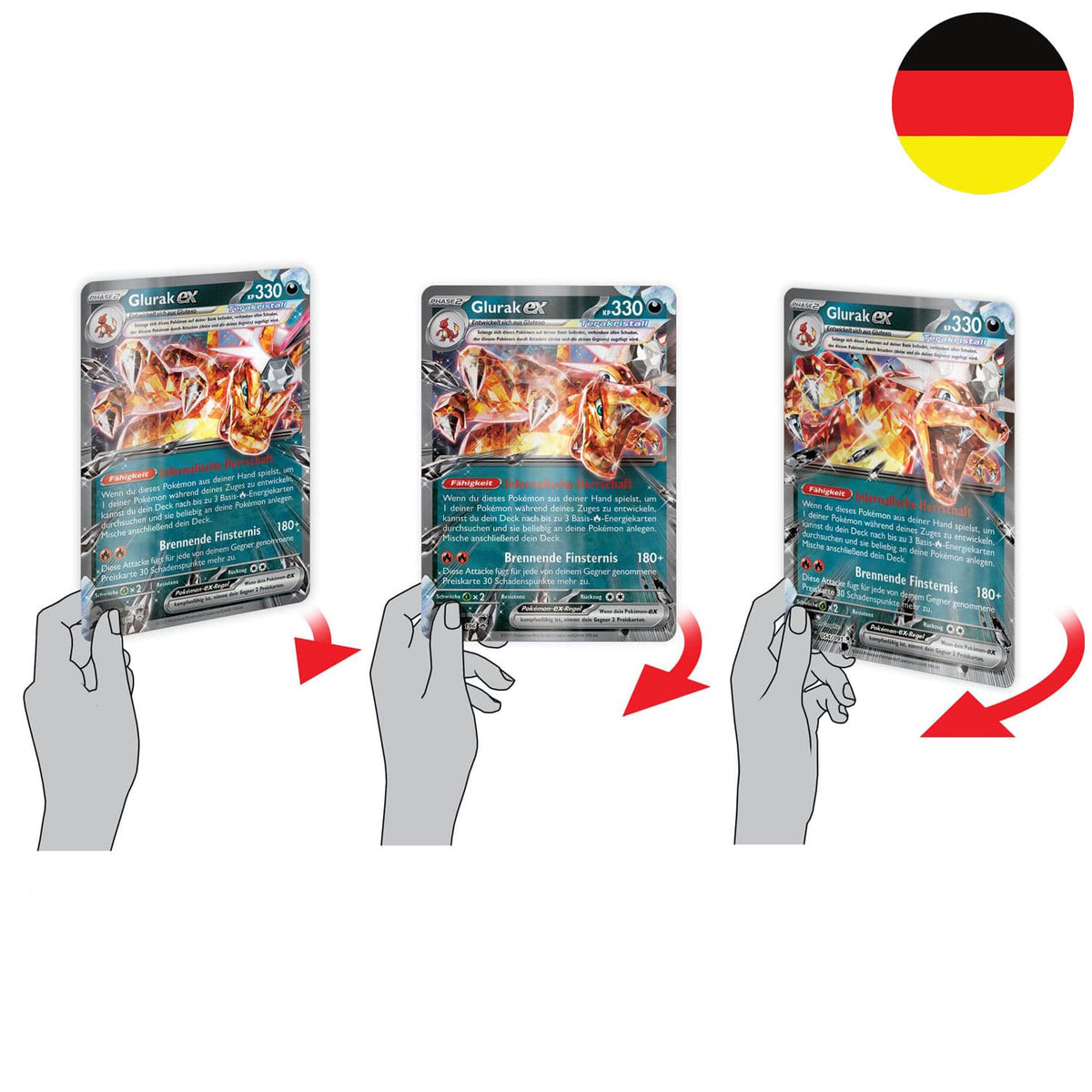Die überdimensionale Terakristall Glurak-ex Wackelbildkarte, in der Spezial Kollektion, mit Gumanda und Glutexo.