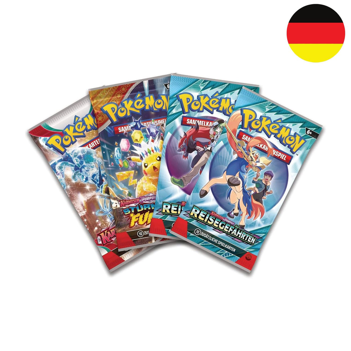 Ihr bekommt die Boosterpacks, stürmische Funken, Reisegefährten und Karmesin und Purpur. Mit Wolly, Zwollock und Zacian.