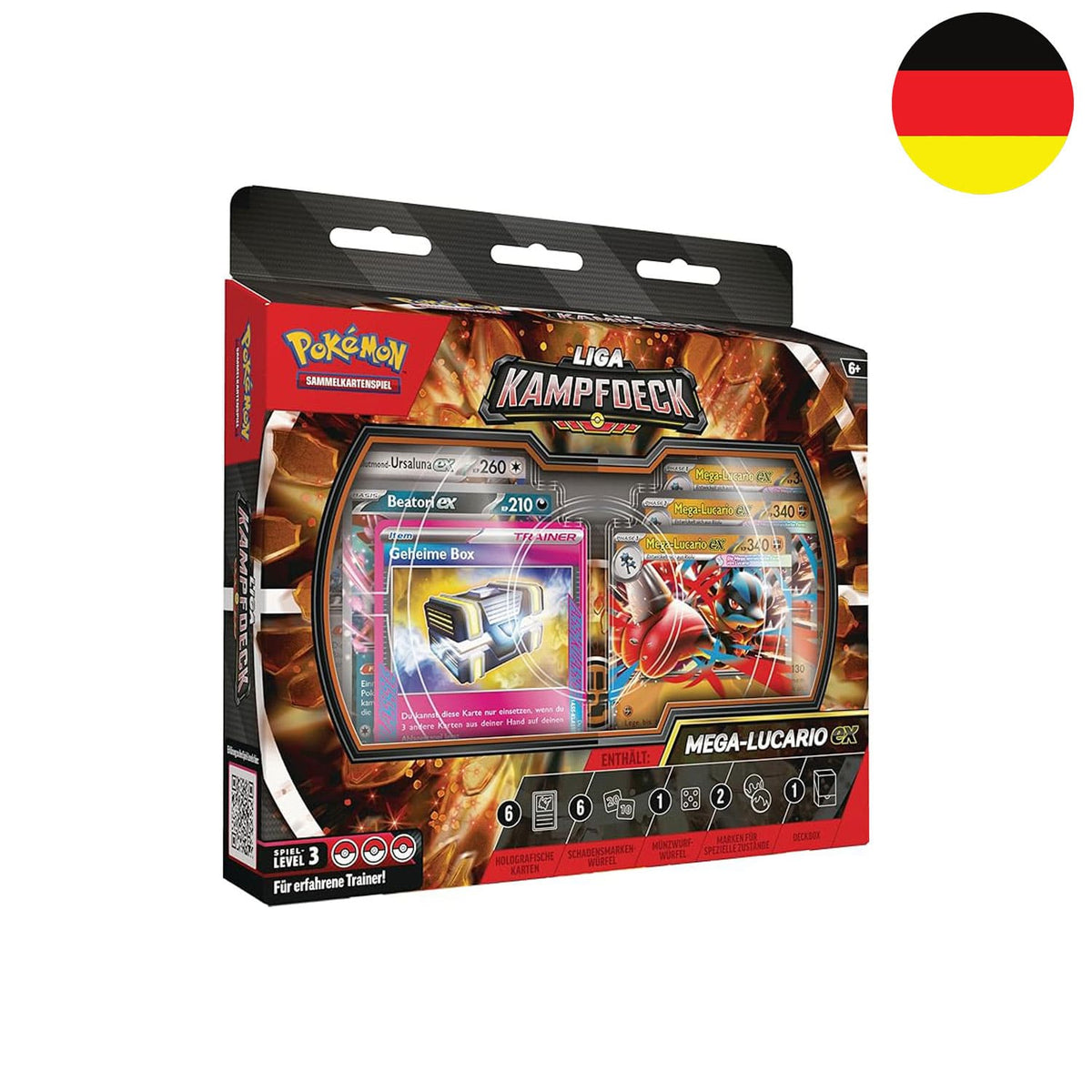 Das deutsche Pokémon-Liga Kampfdeck Set mit Mega Lucario ex auf dem Cover.