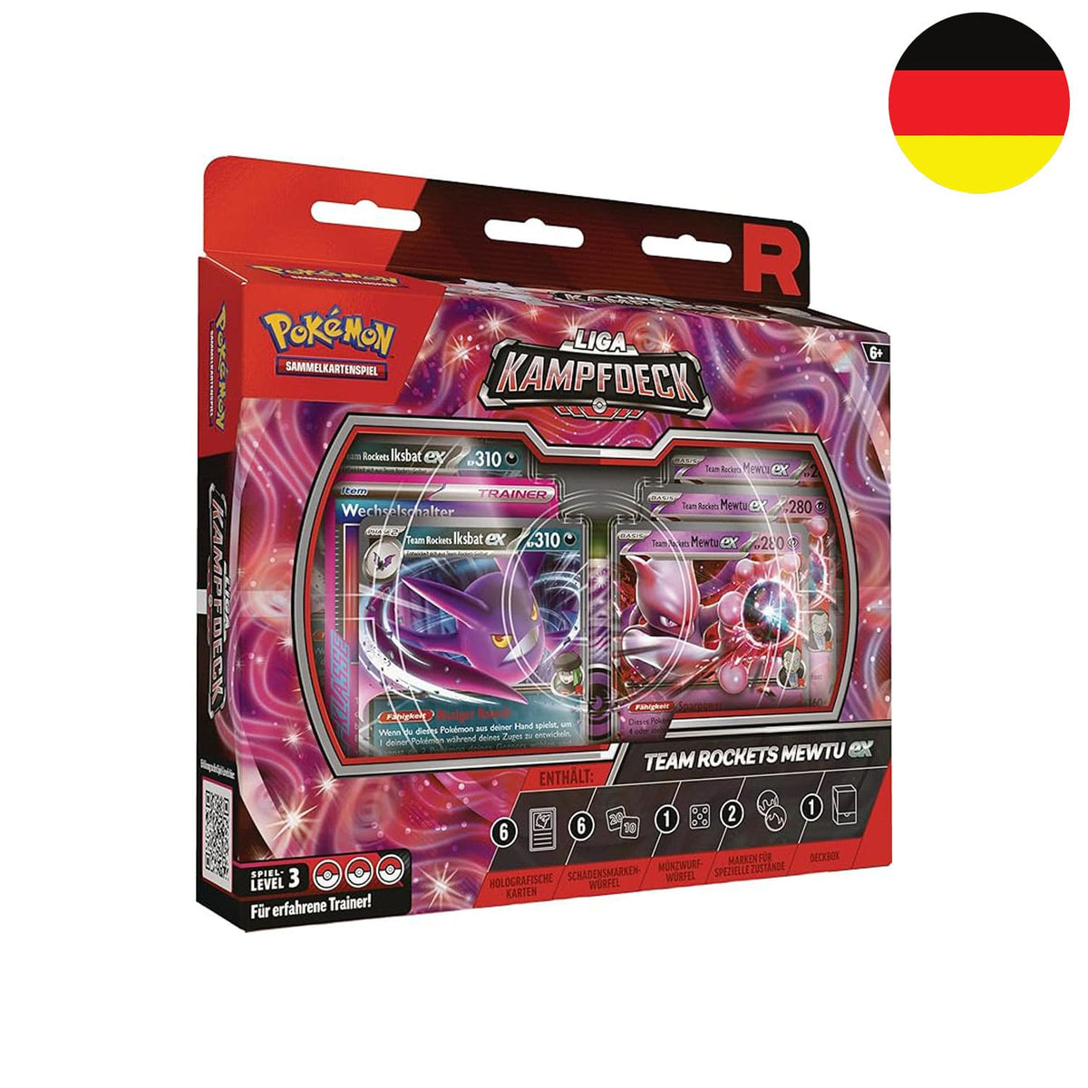 Das deutsche Pokémon-Liga Kampfdeck Set mit Team Rockets Mewtu ex auf dem Cover.