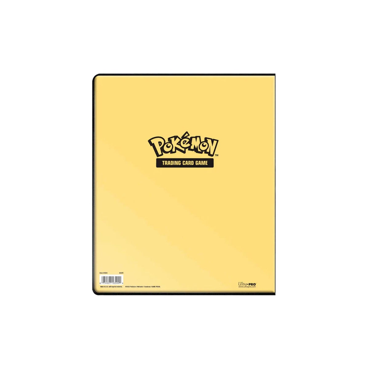 Rückseite vom Pokémon Pikachu 9 Pocket Kartenordner mit Logo und in Gelb von Ultra Pro.