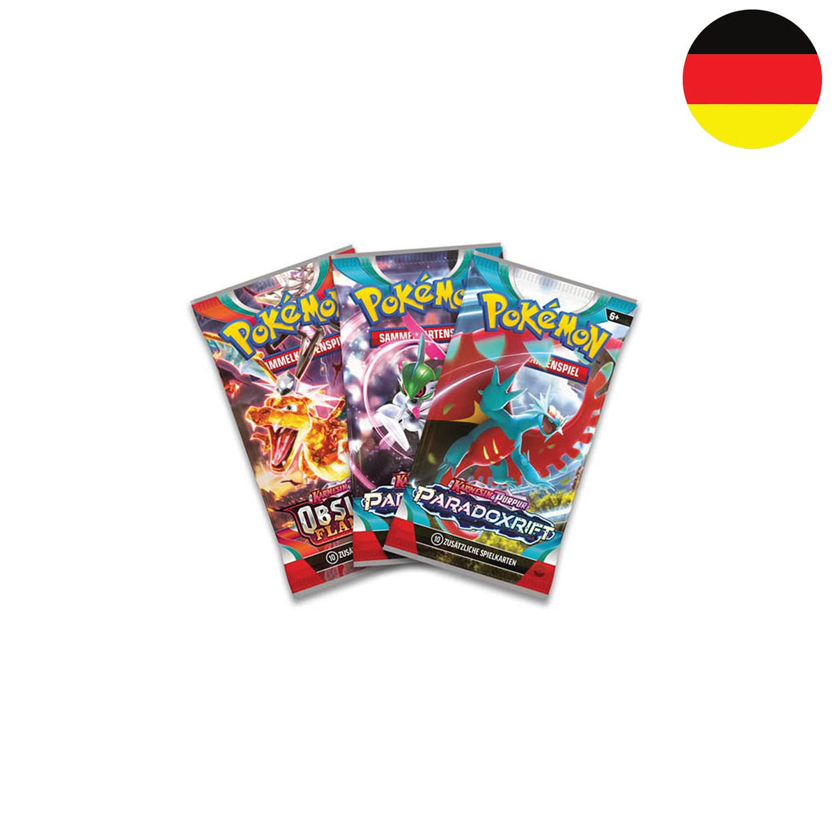 Pokémon Pokeball Tin Boxen 2025 Boosterpacks aus Karmesin und Purpur: Obisidan Flammen und Paradoxrift mit 10 Karten.