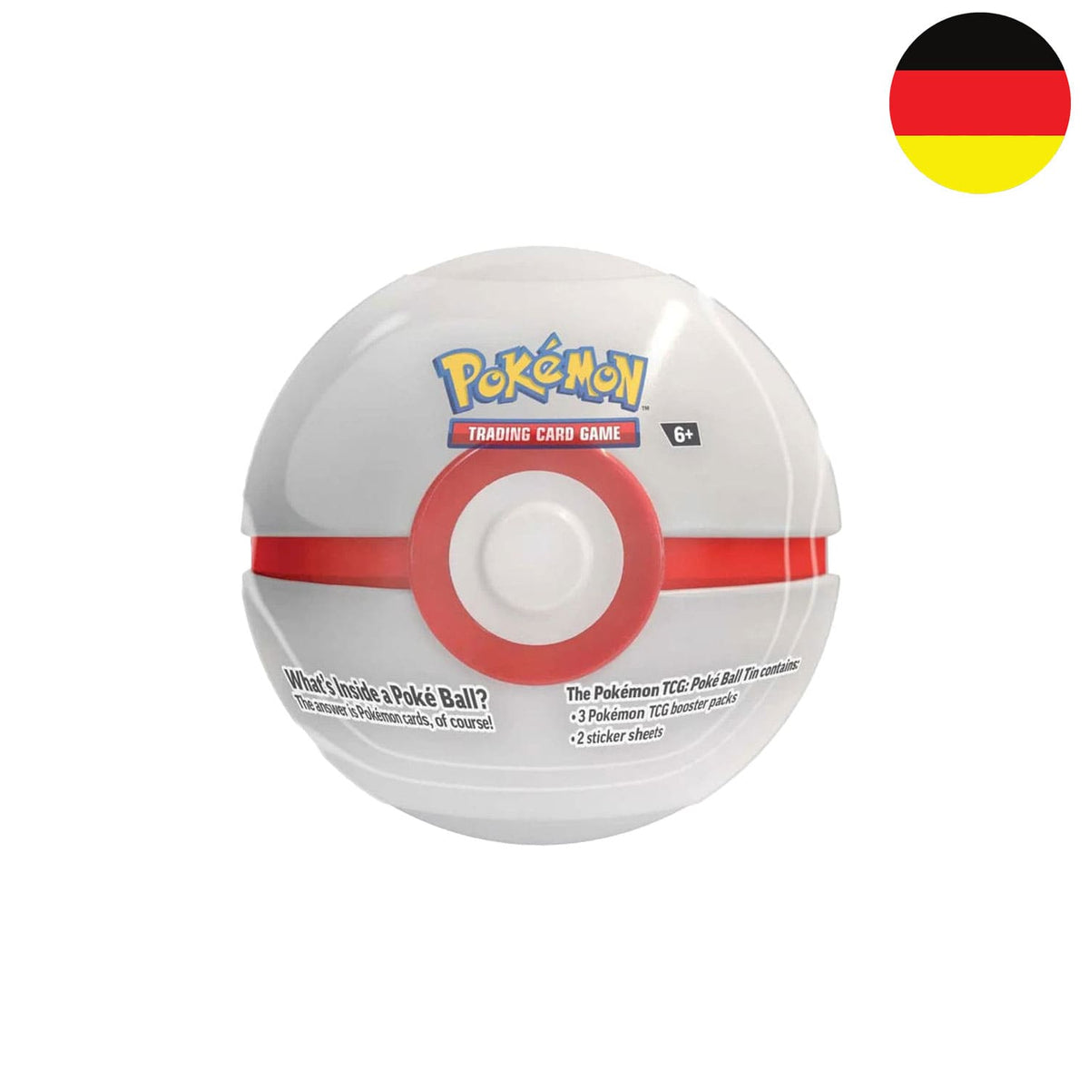 Pokémon Premierball Tin Box 2025 mit zwei Stickerbögen und drei Boosterpacks aus Scarlet & Violet.