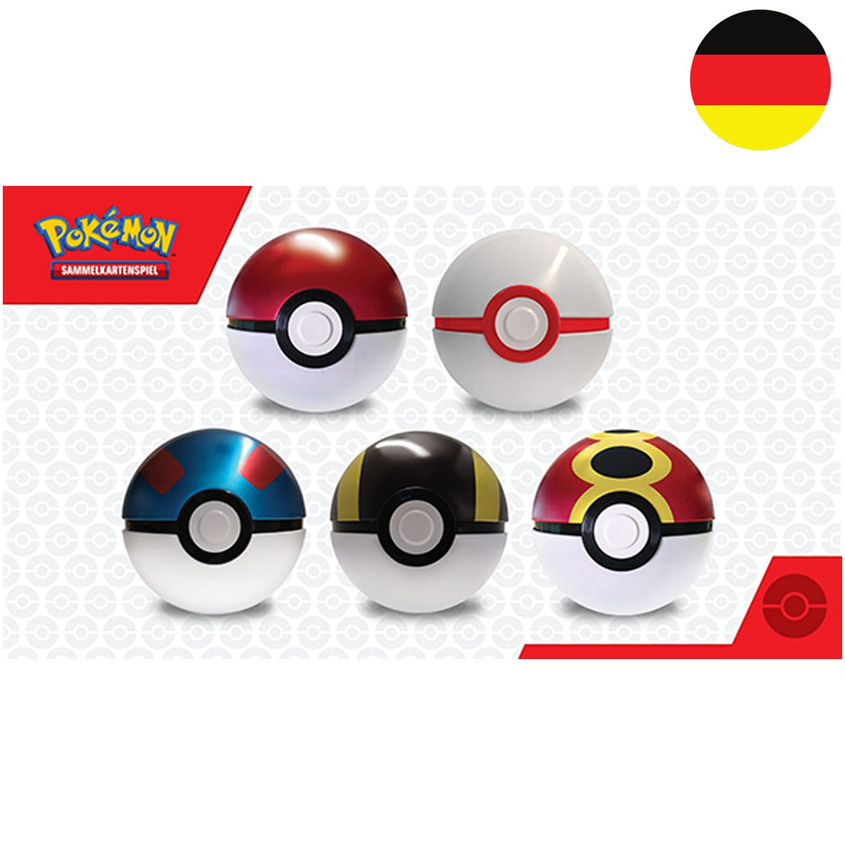 Die neuen Pokémon Pokéball Tin Boxen 2025 mit Superball, Premierball, Hyperball und Wiederball in Deutsch.