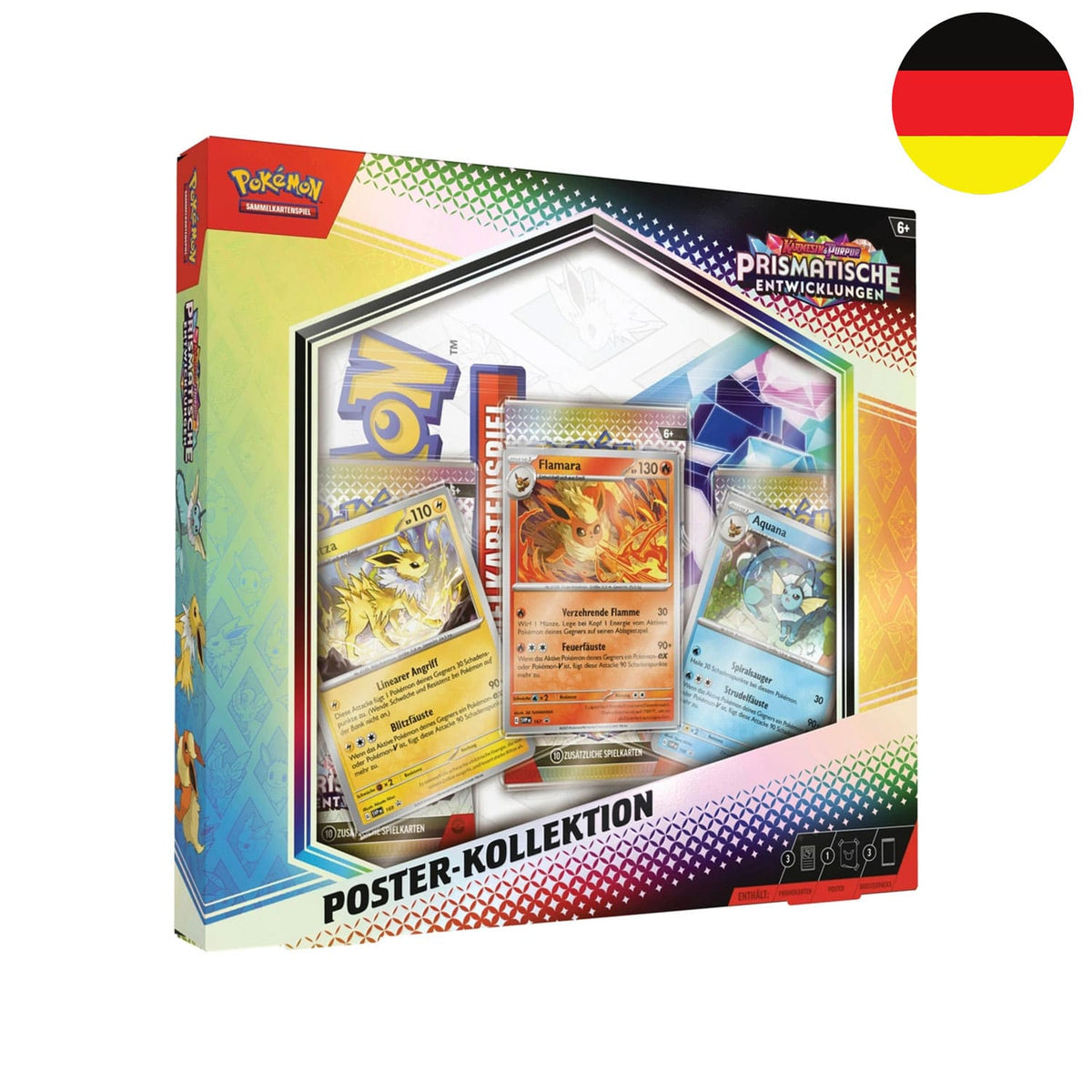 Die Pokémon Poster-Kollektion von Prismatische Entwicklungen KP08.5 mit Aquana, Flamara & Blitza auf deutsch.