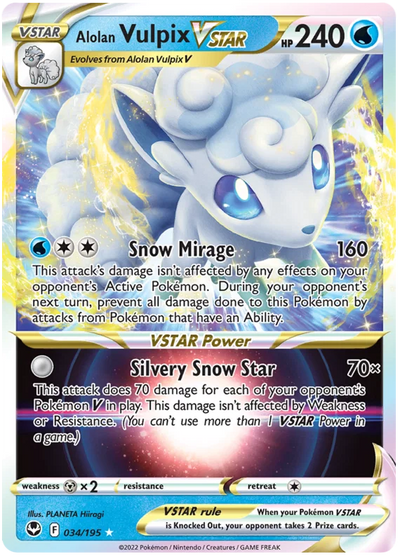 Die englische Pokemon-Silver-Tempest-Alolan-Vulpix-VSTAR-SWSH12-34-195 Karte.
