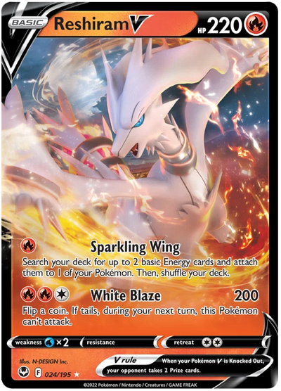 Die englische Pokemon-Silver-Tempest-Reshiram-V-SWSH12-024-195 Karte.