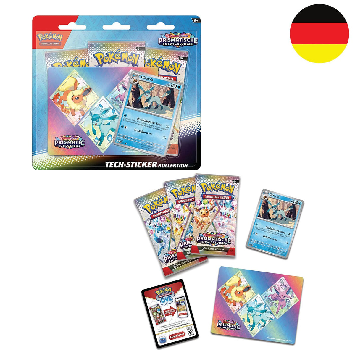Der Inhalt der Glaziola Pokémon Tech-Sticker-Kollektion Prismatische Entwicklungen KP08.5 auf deutsch.