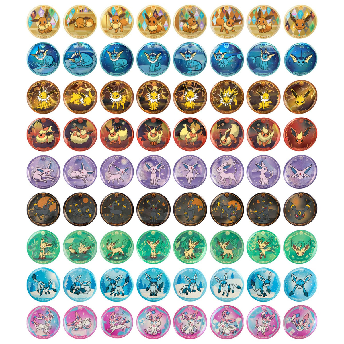Pokémon Blooming Legends Badge Set CSV9.5 mit regular Ansteckpinnadeln mit Evoli, Aquana, Psiana, Nachtara.