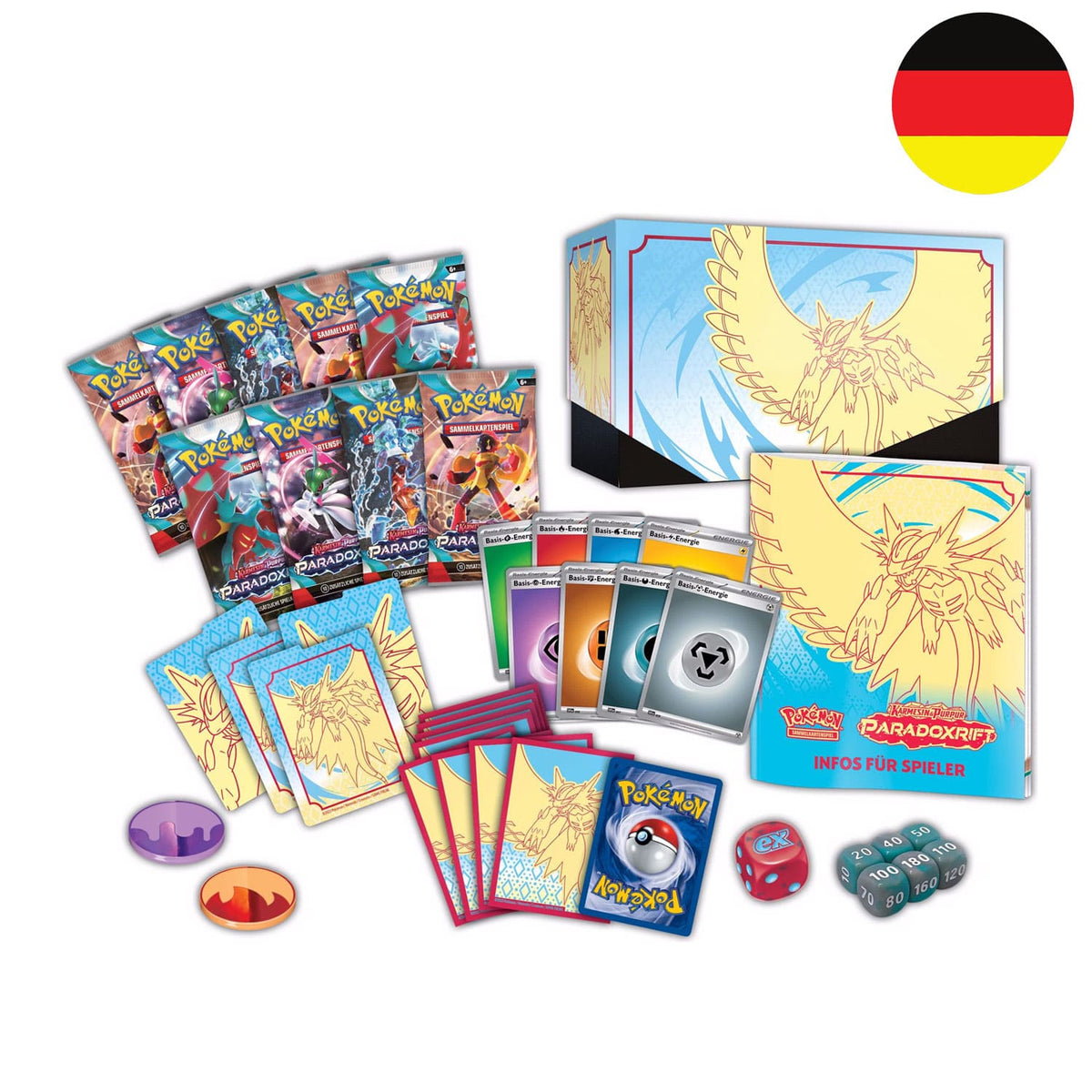 Inhalt der Top Trainer Box Donnersichel. Kartenhüllen, Würfel, Energiekarten, Schadensmünzen und 9 Paradoxrift Booster. 