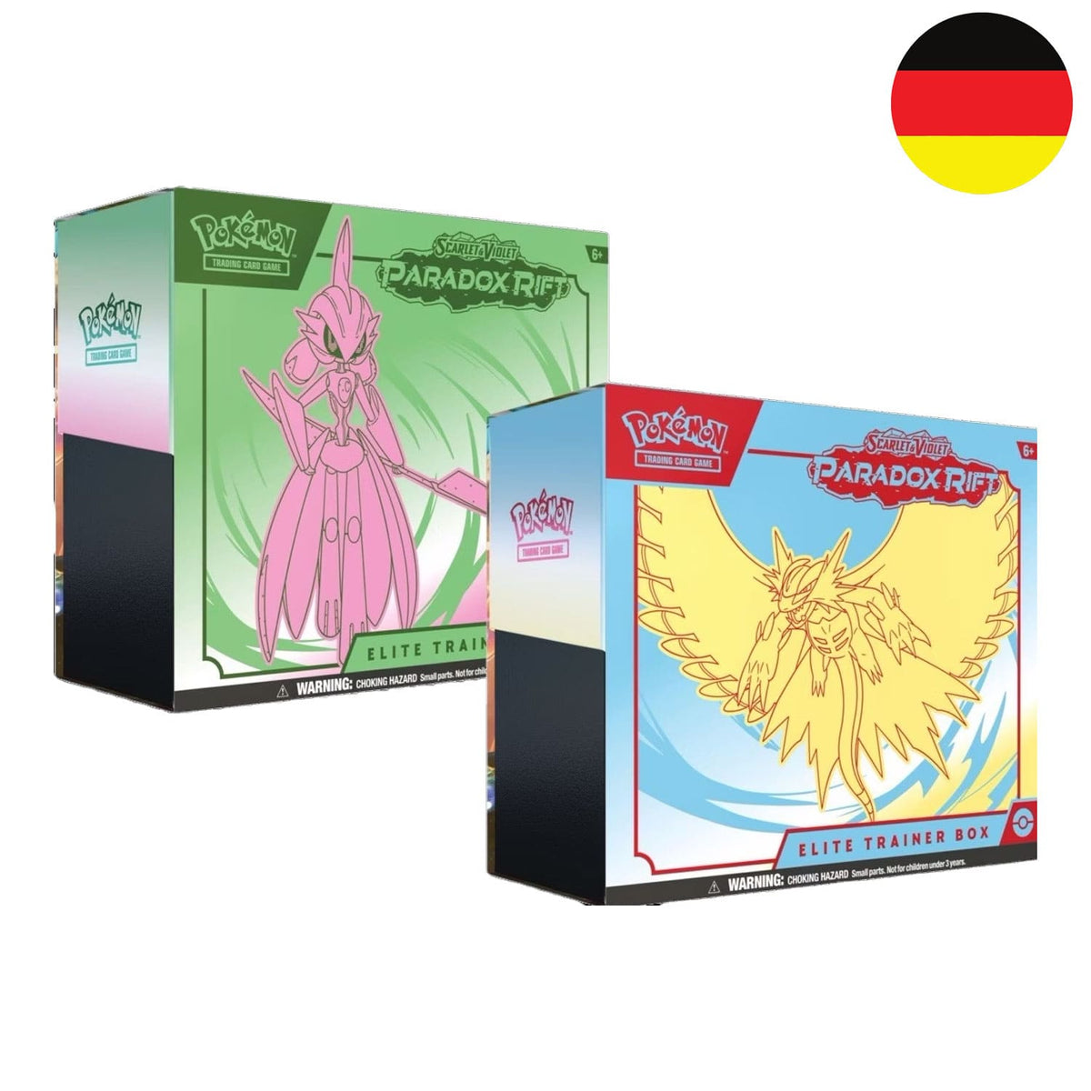 Die Pokemon Top Trainer Boxen Paradoxrift in deutsch, mit Eisenkrieger oder Donnersichel drauf, aus Karmesin und Purpur.