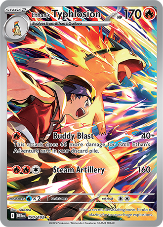 Die englische Pokemon-Trading-Card-Game-Destined-Rivals-SV10-190-182-Ethans-Typhlosion Karte.