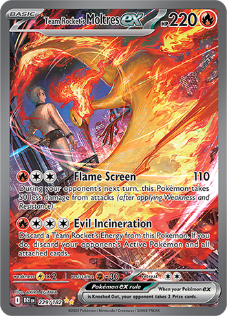 Die englische Pokemon-Trading-Card-Game-Destined-Rivals-SV10-229-182-Team-Rockets-Moltres-ex Karte.