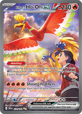 Die englische Pokemon-Trading-Card-Game-Destined-Rivals-SV10-230-182-Ethans-Ho-Oh-ex Karte.
