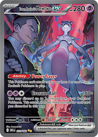 Die englische Pokemon-Trading-Card-Game-Destined-Rivals-SV10-231-182-Team-Rockets-Mewtwo-ex Karte.
