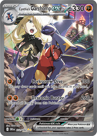 Die englische Pokemon-Trading-Card-Game-Destined-Rivals-SV10-232-182-Cynthias-Garchomp-ex Karte.