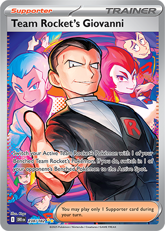 Die englische Pokemon-Trading-Card-Game-Destined-Rivals-SV10-238-182-Team-Rockets-Giovanni-Trainer Karte.