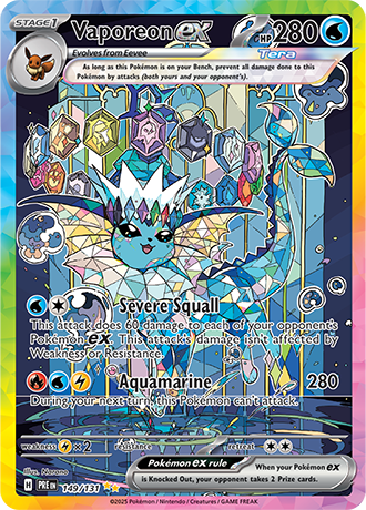 Die englische Pokemon-Trading-Card-Game-Prismatic-Evolutions-149-131-Vaporeon-ex Karte.