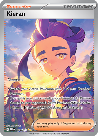 Die englische Pokemon-Trading-Card-Game-Prismatic-Evolutions-174-131-Kieran-Trainer Karte.