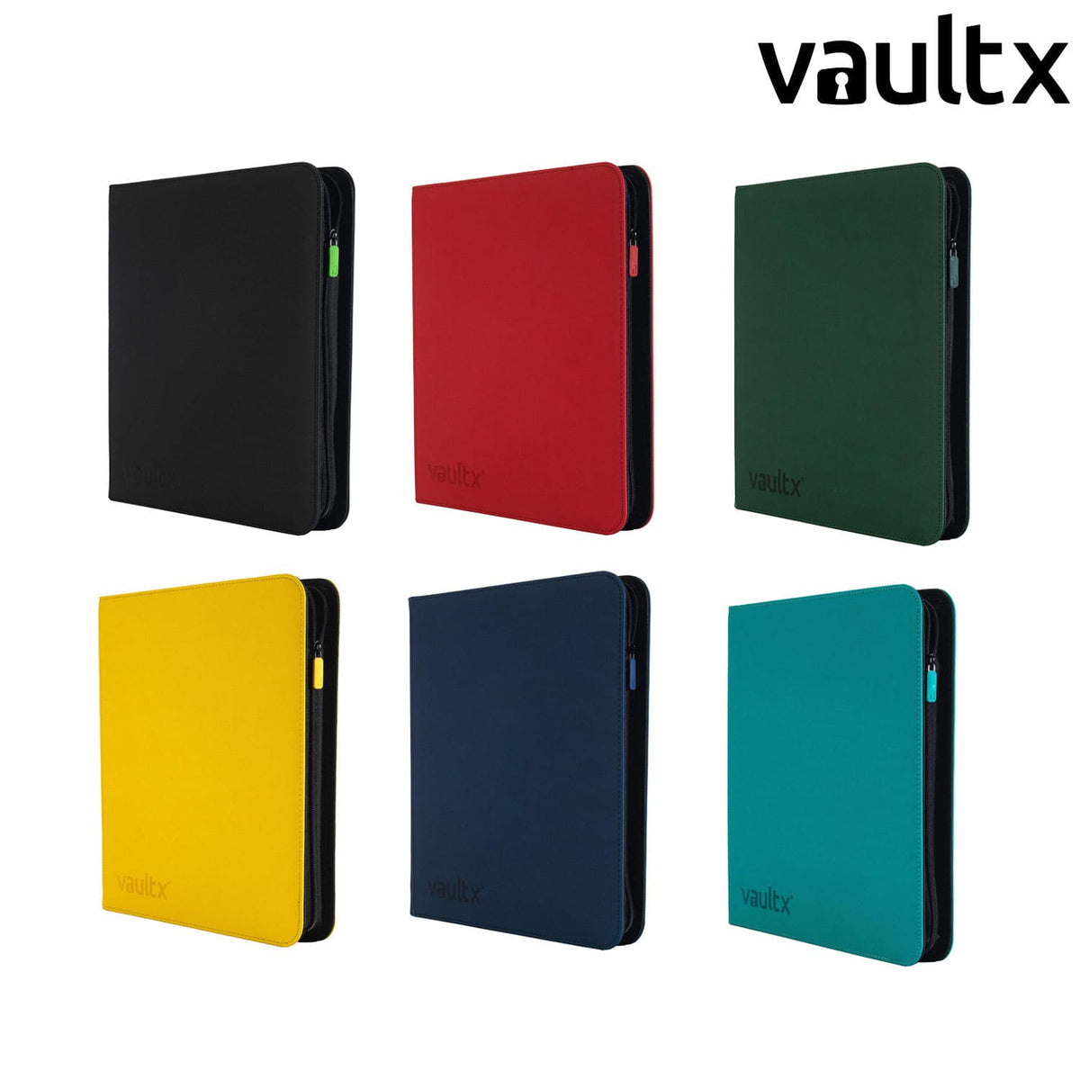 Die VaultX Exo Tec Binder mit 12 Pockets und Reissverschluss, sowie Kunstleder PVC. In Schwarz, Rot, Grün und Gelb.