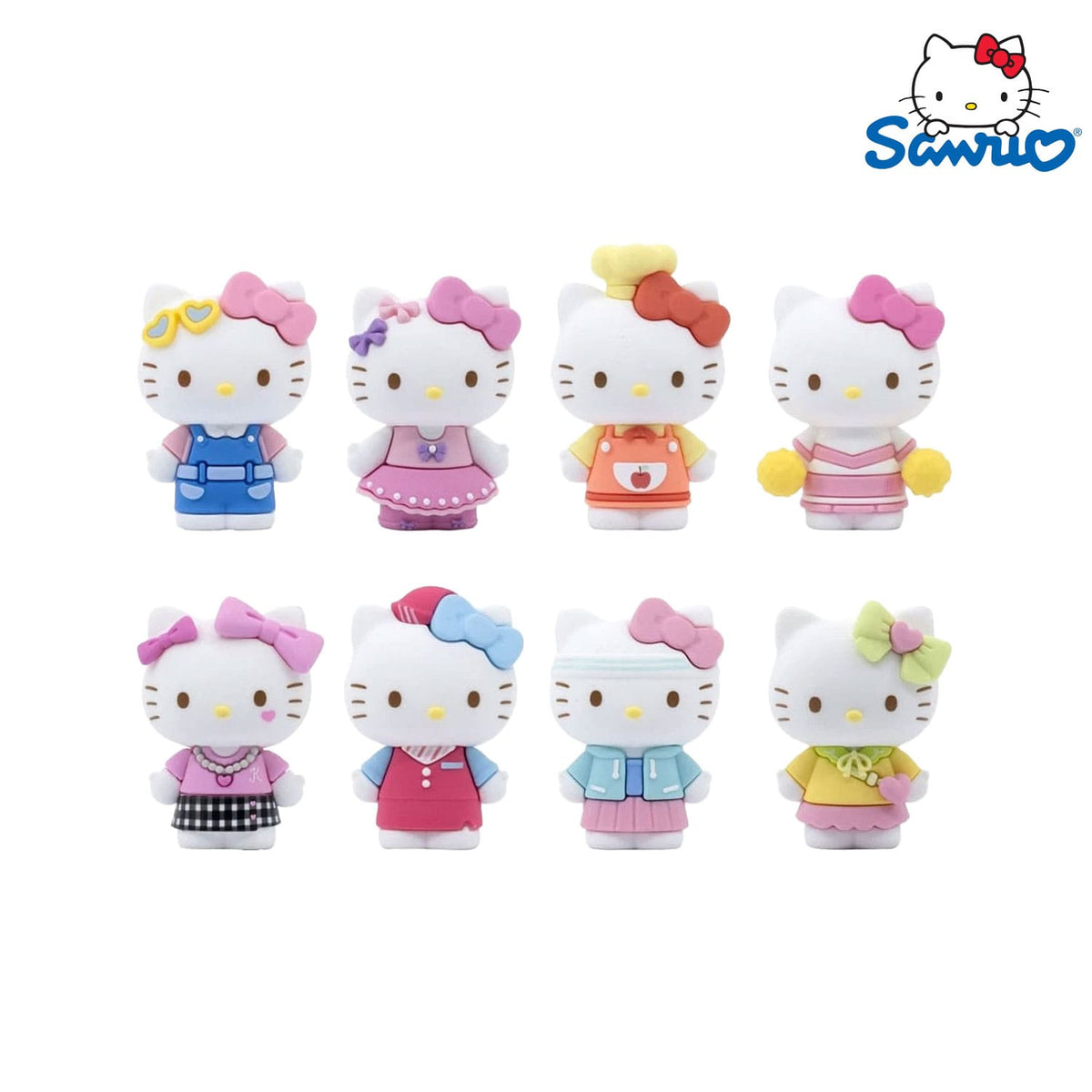 YuMe Toys Hello Kitty Mini Doll Figuren mit Popstar, Cheerleader, Chef, Hostess, Freizeit, Latzhose, Pink Dress und Sporting.
