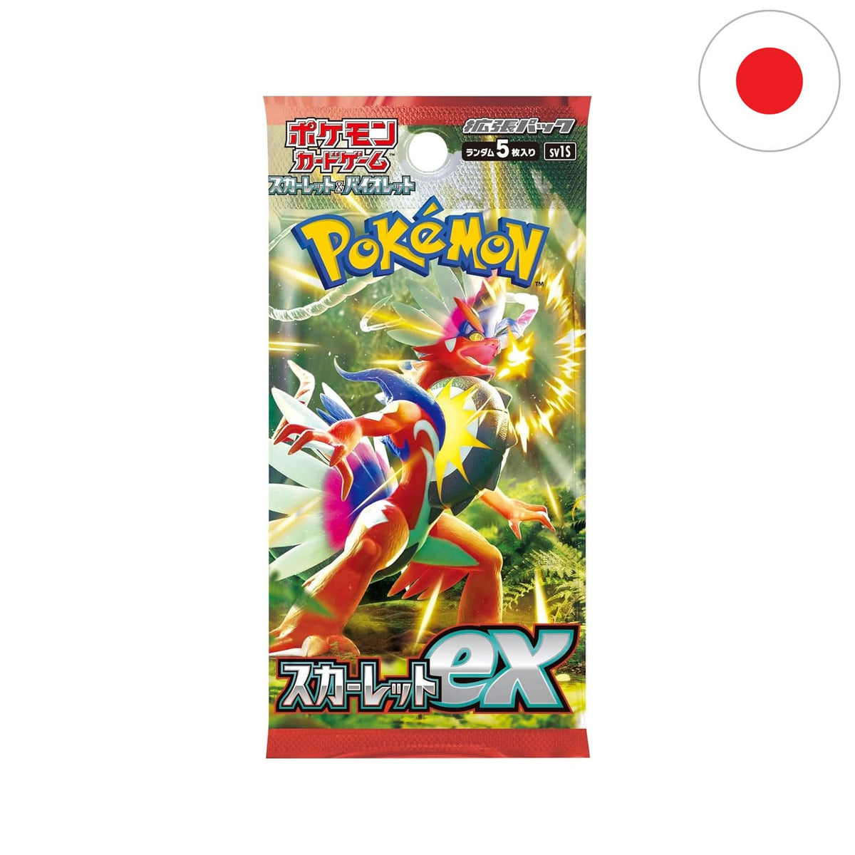 Das japanische Pokémon Boosterpack Scarlet EX(SV1S) mit dem legendären Pokémon Koraidon auf dem Cover.5 Karten pro Pack.