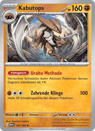 Kabutops 141/165 151 Pokémon Karte