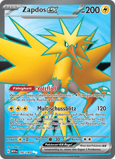Zapdos-ex 192/165 151 Pokémon Karte