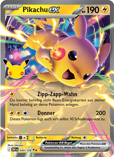 Pikachu-ex 054/128 30th Celebration Pokémon Karte