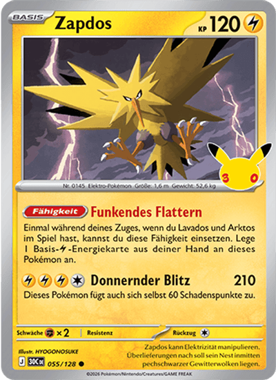 Zapdos 055/128 30th Celebration Pokémon Karte