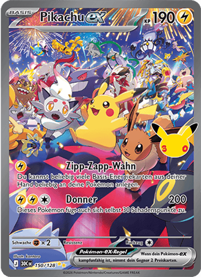 Pikachu-ex 150/128 30th Celebration Pokémon Karte