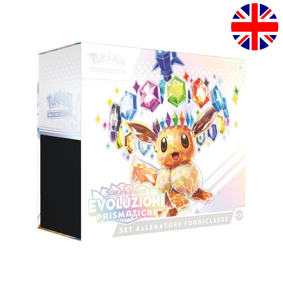 Englische Pokémon Elite Trainer Box Prismatic Evolutions mit Terakristall-Evoli auf dem Cover